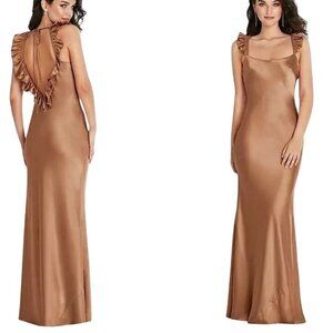 NEW Social Bridesmaids Ruffle Trimmed Open-Back Maxi Slip Dress Toffee‎ Size LB